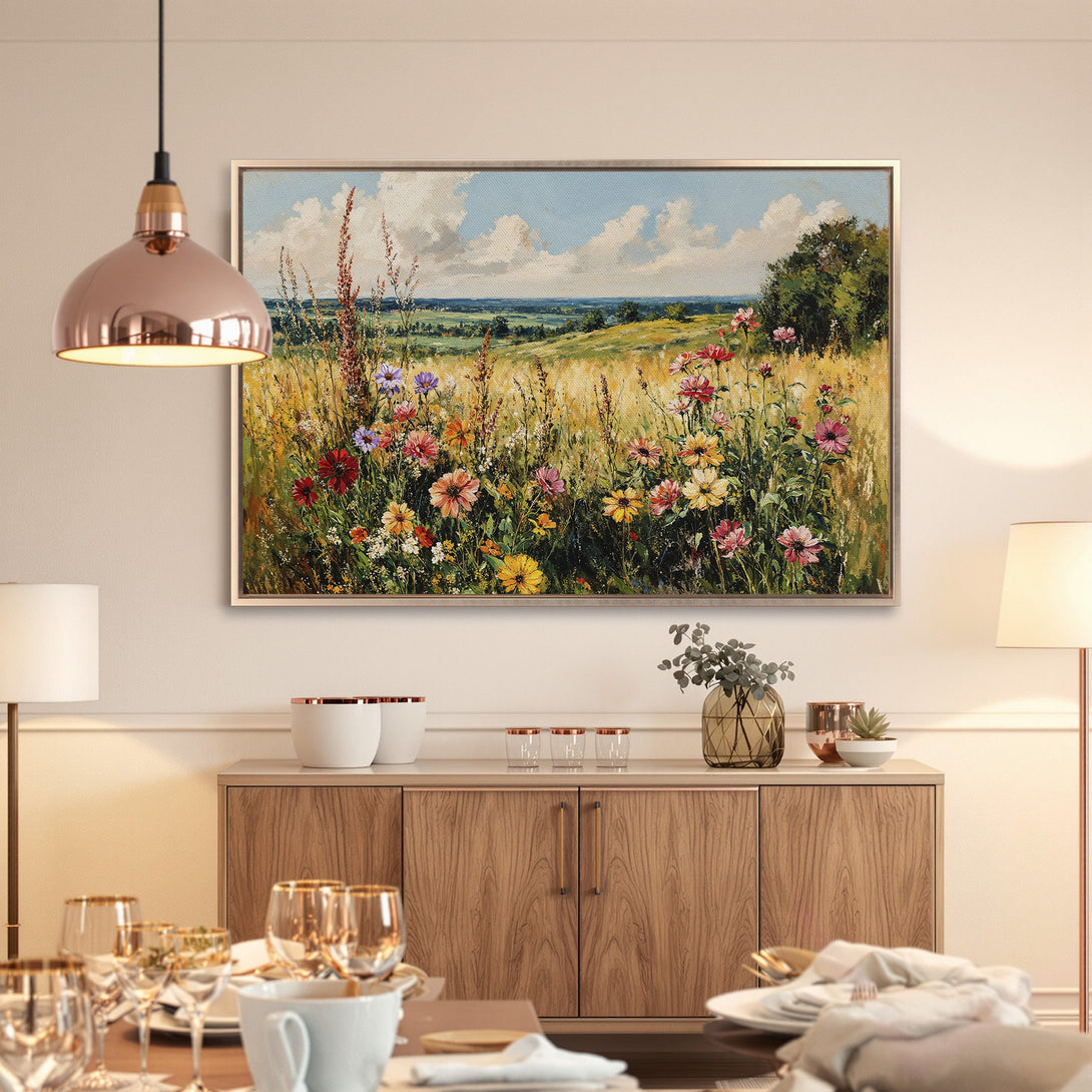 Framed Wall Art: Vibrant wildflower meadow canvas print with a warm, inviting color palette. Perfect for adding a touch of nature to your home decor.