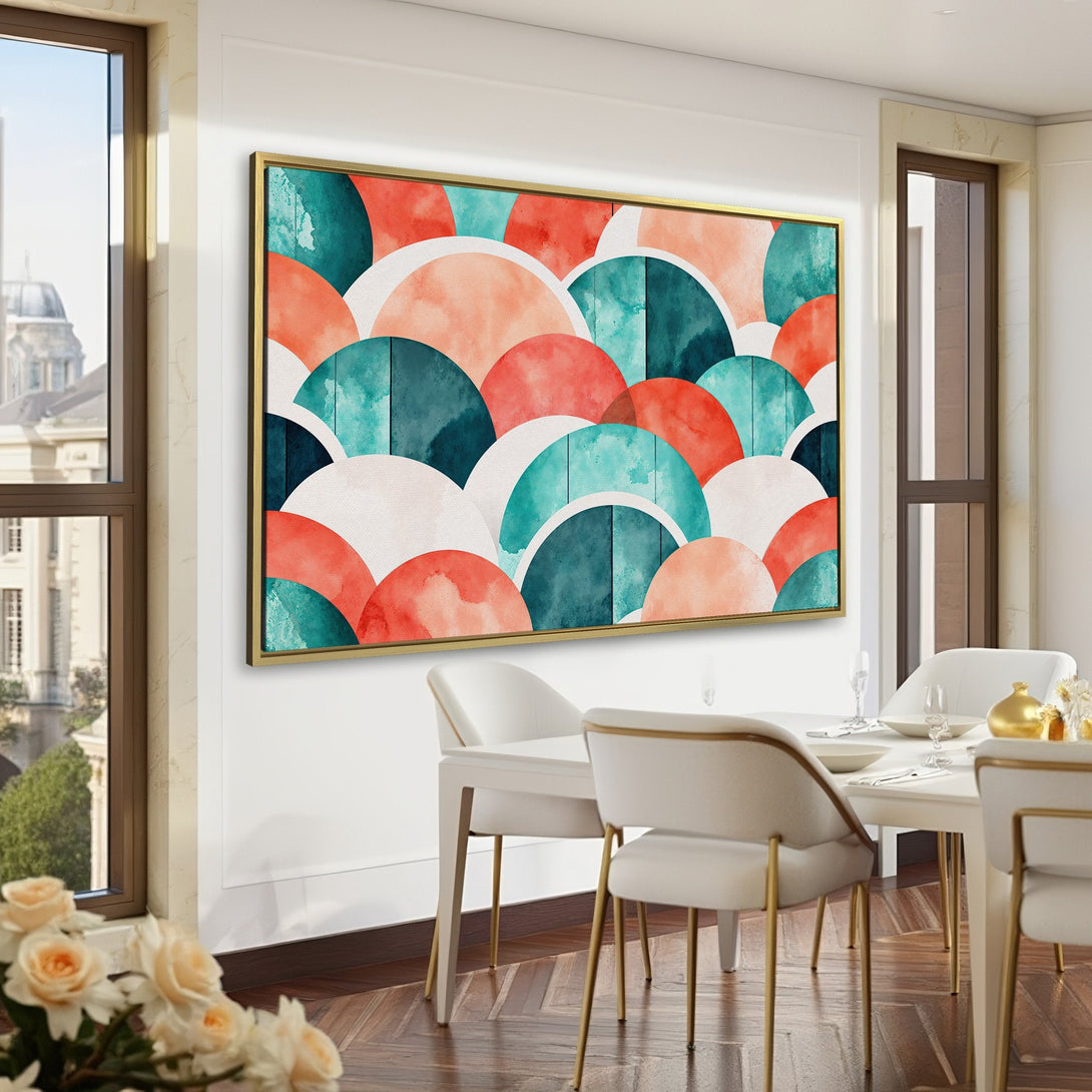 Canvas Print featuring a colorful abstract watercolor design in a modern interior. Features a teal, orange, and white color palette. Perfect for home decor!