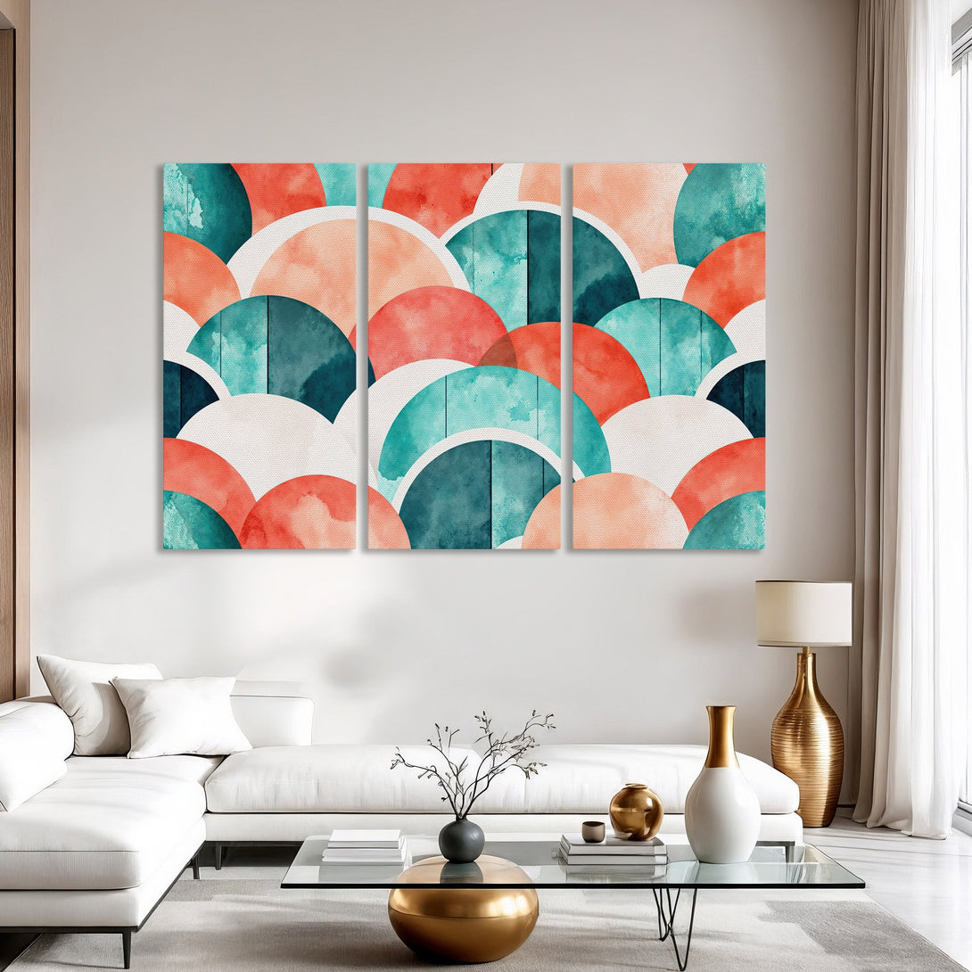 Abstract Canvas Print art with watercolor-style semi-circles in teal, coral, and white. Modern wall decor for living room inspiration.
