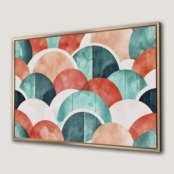 Framed Wall Art featuring an abstract watercolor design with a geometric pattern in coral, teal, and peach tones. Perfect for modern home decor.
