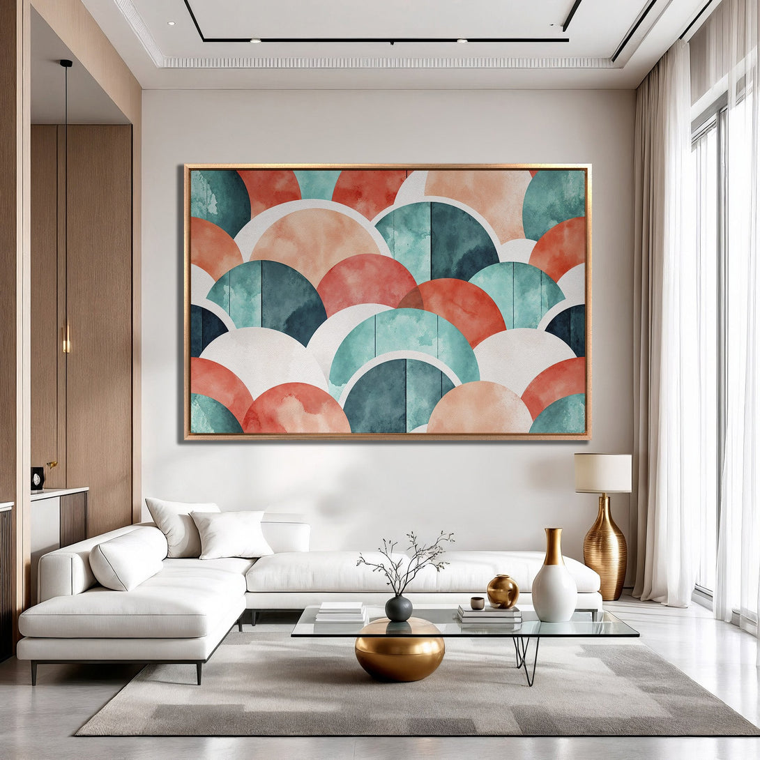 Framed Wall Art: Abstract watercolor design in coral, teal, and navy. Modern art canvas print for living room decor. Adds a pop of color!