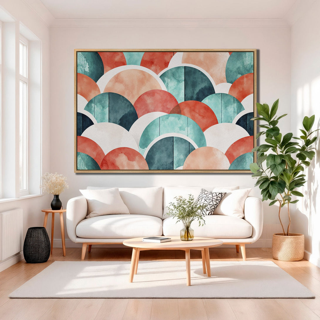 Framed Wall Art featuring a modern abstract design in watercolor style. Earthy tones of coral, teal, and white create a calming, stylish interior.