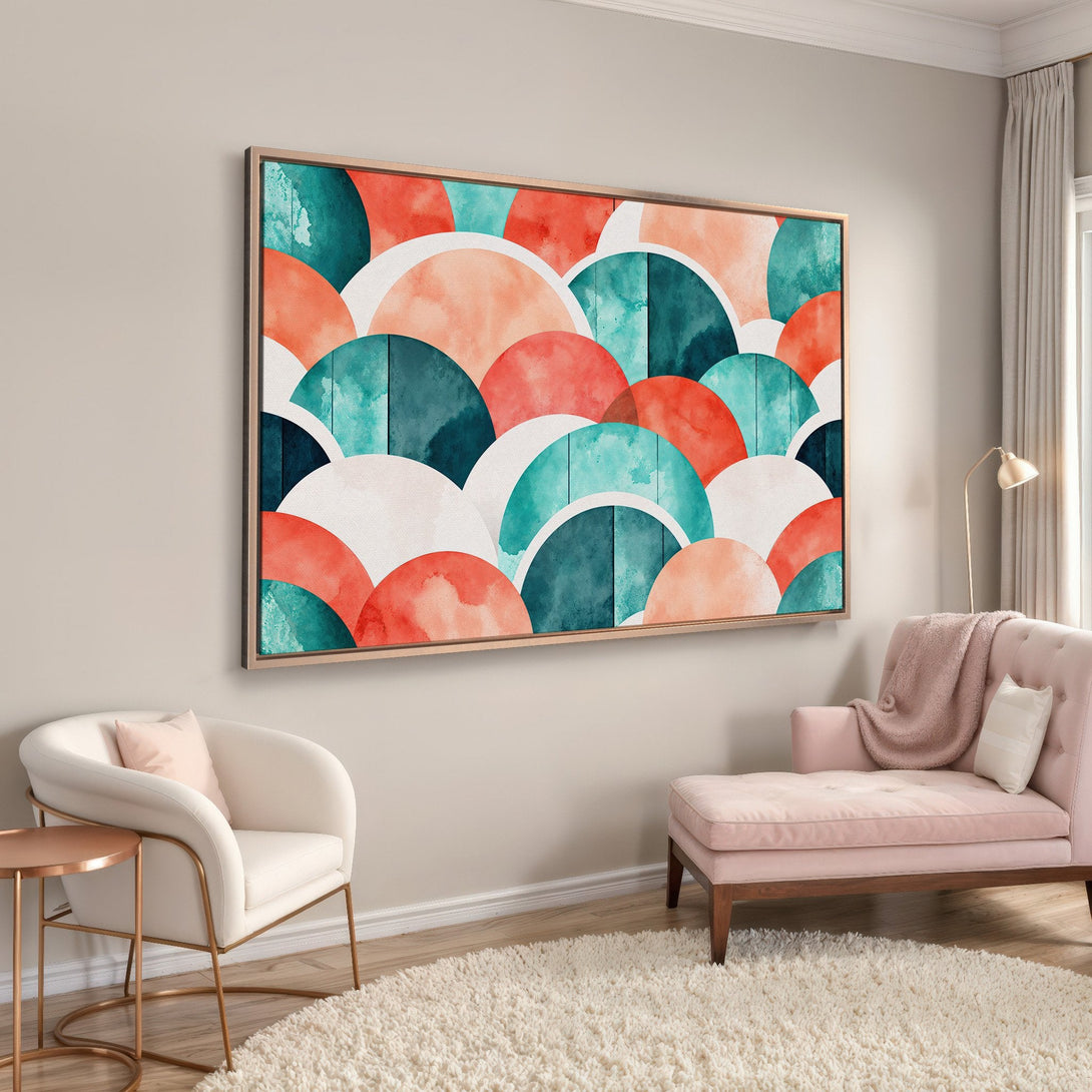 Framed Wall Art featuring a modern watercolor design with teal, coral, and peach hues. Perfect for adding a pop of color and style to your living room!