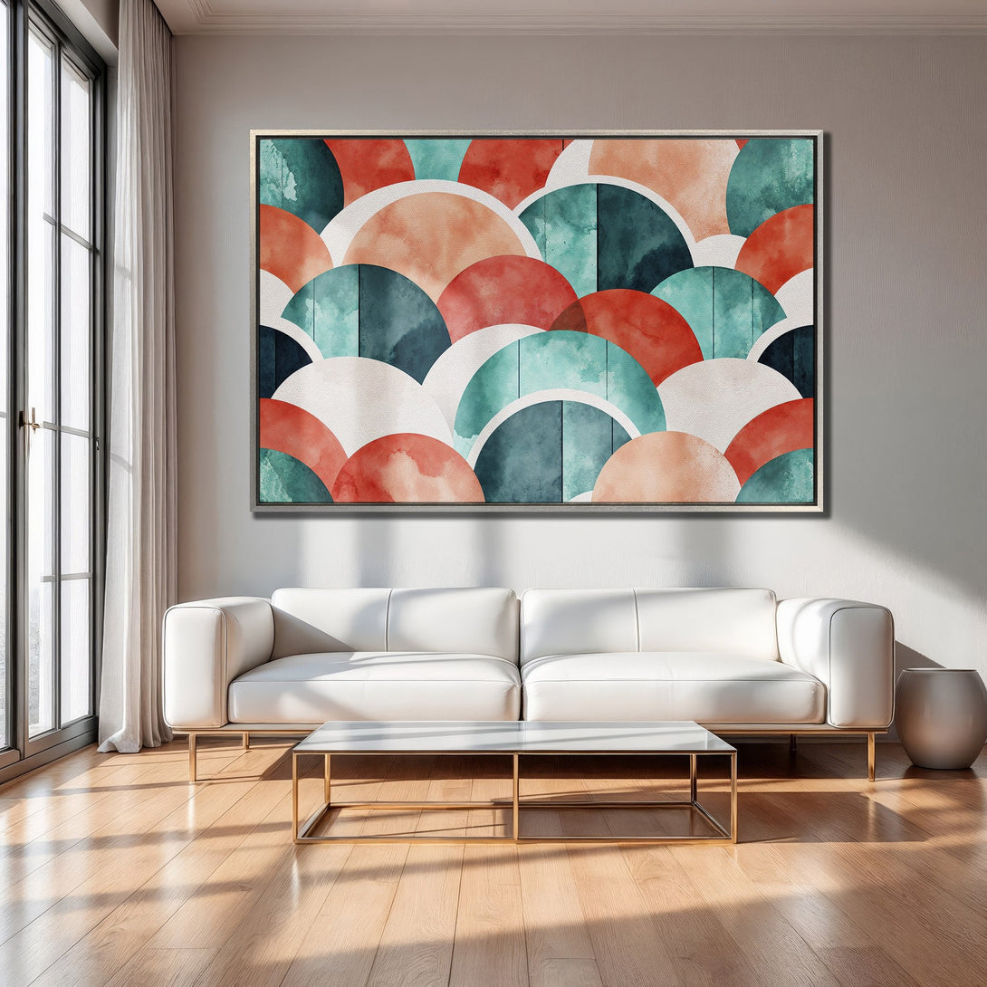 Framed Wall Art: Abstract watercolor semi-circles in coral, teal, and navy. Modern art canvas print adds a pop of color to any living room.