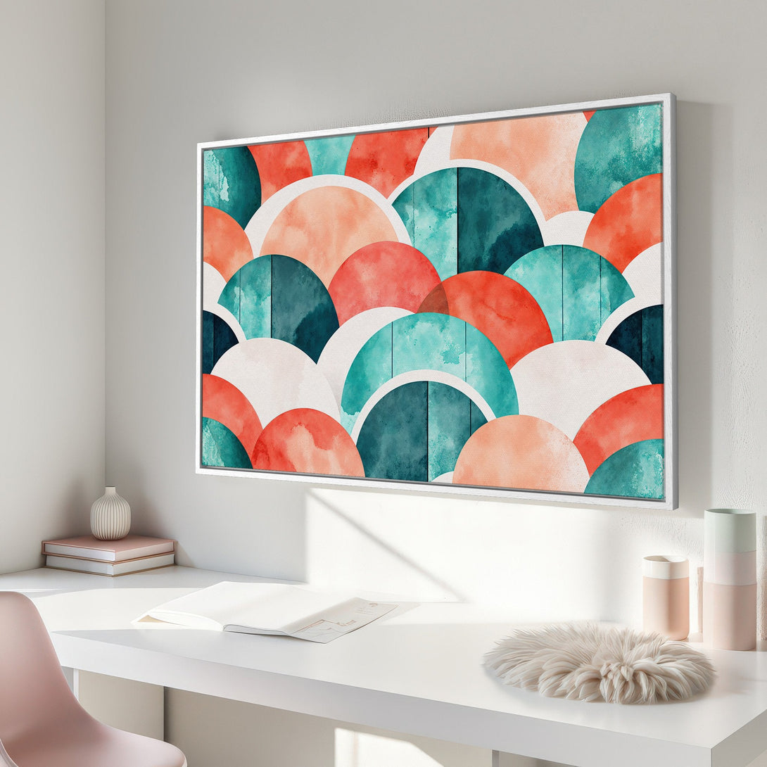 Framed Wall Art: Abstract watercolor artwork in coral, teal, and white. Modern geometric design adds a pop of color to any space. Perfect for home decor!