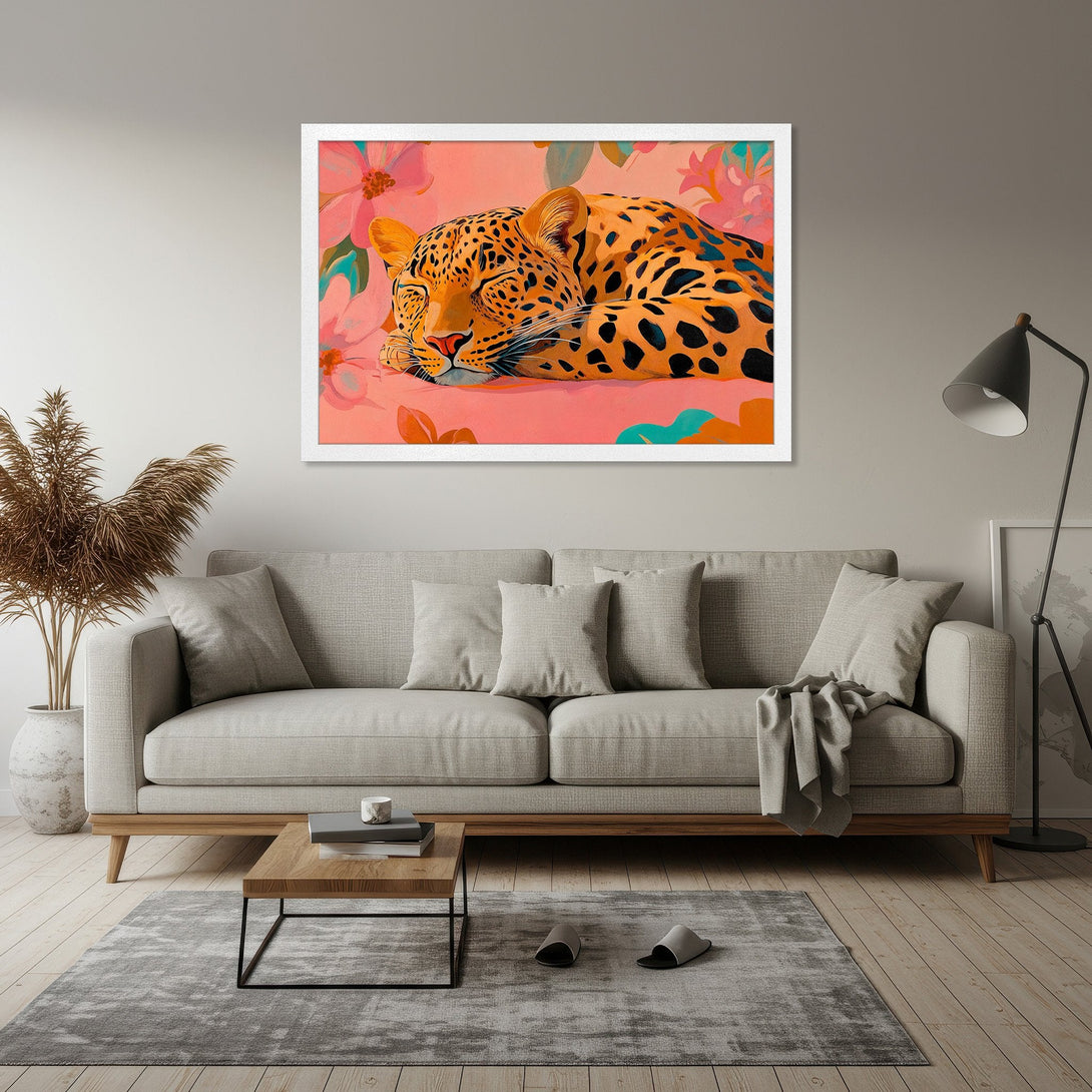 Framed Poster featuring a sleeping leopard with floral accents. Modern art style, warm coral, orange, and teal color palette. Add a touch of wild to your space!