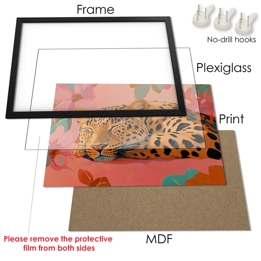 Framed Poster featuring a sleeping leopard in a floral style, warm color palette. Perfect wall art!