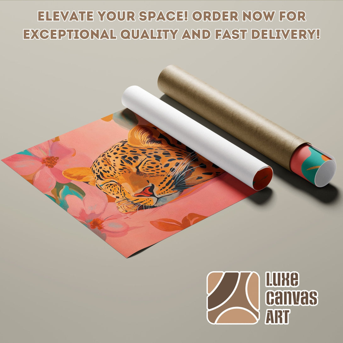 Leopard Poster Roll, modern art style with warm peach and orange tones. Elevate your space!
