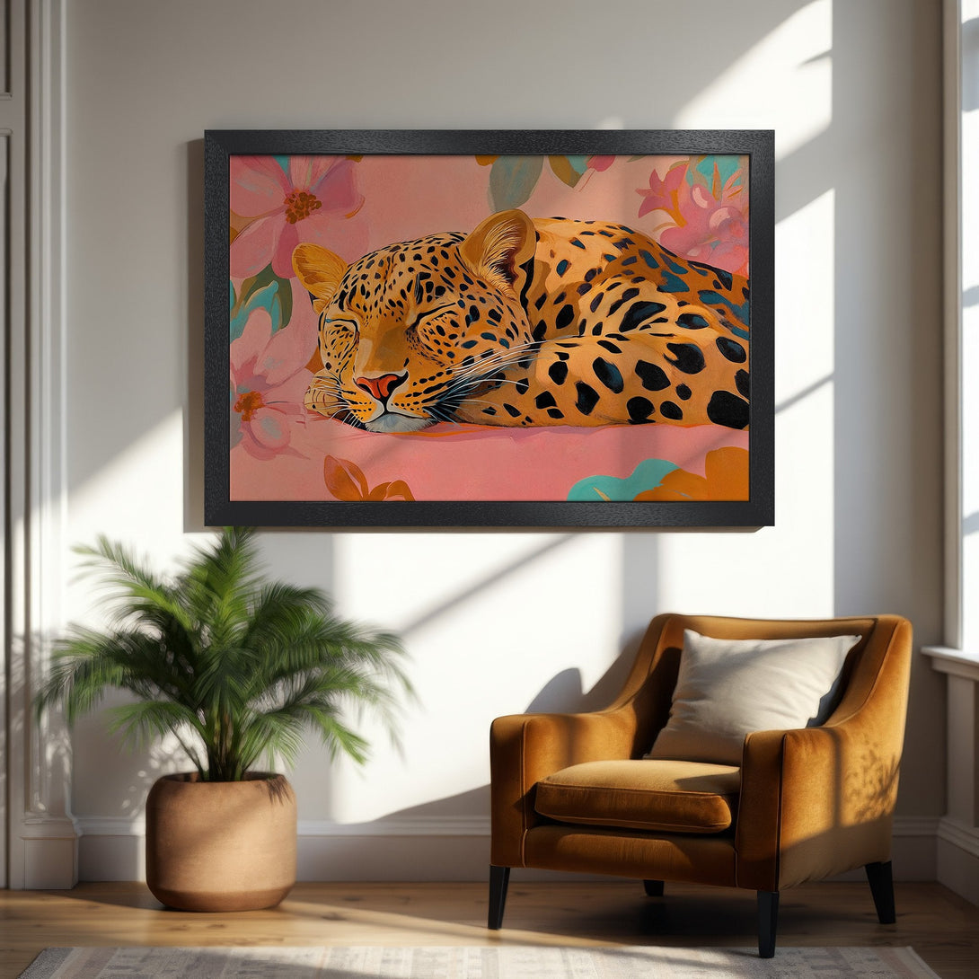 Framed Poster featuring a sleeping leopard in a floral style, warm color palette. Perfect wall art for your home decor!