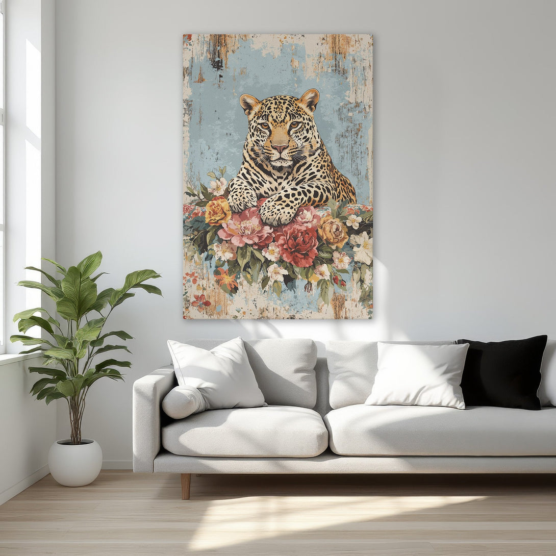 Framed Wall Art featuring a leopard amidst flowers, vintage style with a blue, brown, and floral color palette. Perfect for bedroom decor!