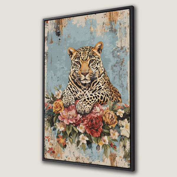 Framed Wall Art: Leopard print canvas with floral arrangement. Vintage style with blue, red, and gold color palette. Perfect for adding a touch of nature.