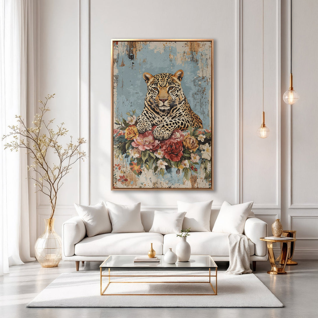 Framed Wall Art featuring a leopard with flowers, vintage style, warm color palette. Perfect for living room decor. Shop now!