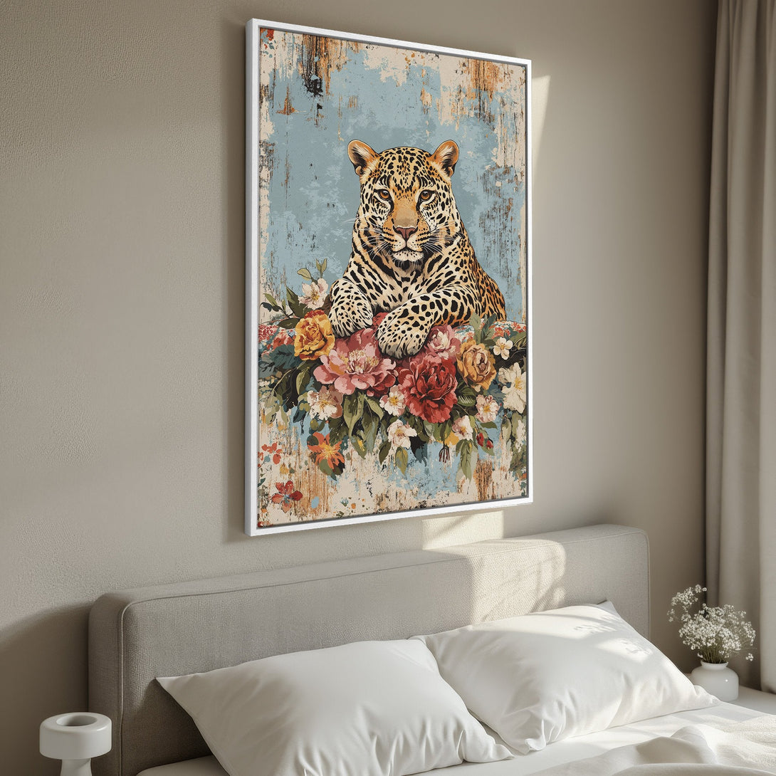 Framed Wall Art featuring a majestic leopard with floral accents, vintage style, and a warm, earthy color palette. Perfect for adding a touch of wild elegance!