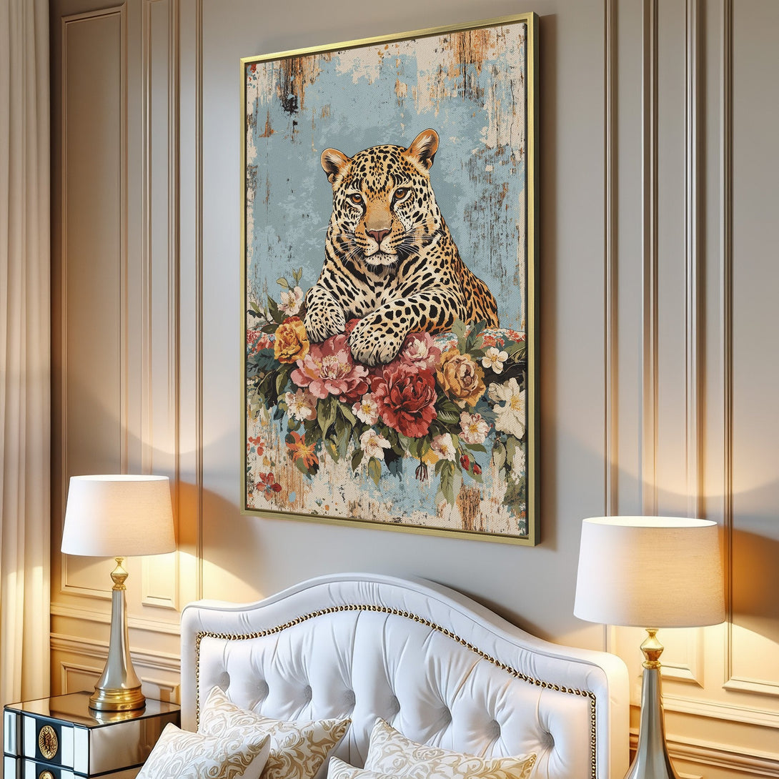 Canvas Print featuring a majestic leopard resting on flowers, vintage style, with a blue, brown, and floral color palette. Perfect wall decor!
