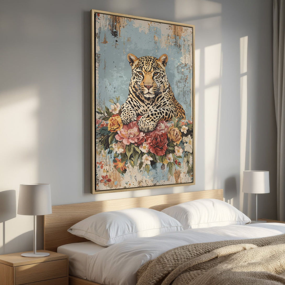 Framed Wall Art featuring a leopard portrait on a blue background with flowers. Rustic style, warm color palette. Perfect for bedroom decor.