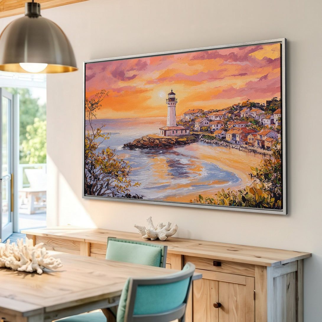Framed Wall Art: Coastal lighthouse painting with warm sunset hues.  Add a touch of serenity to your home with this beautiful canvas print!