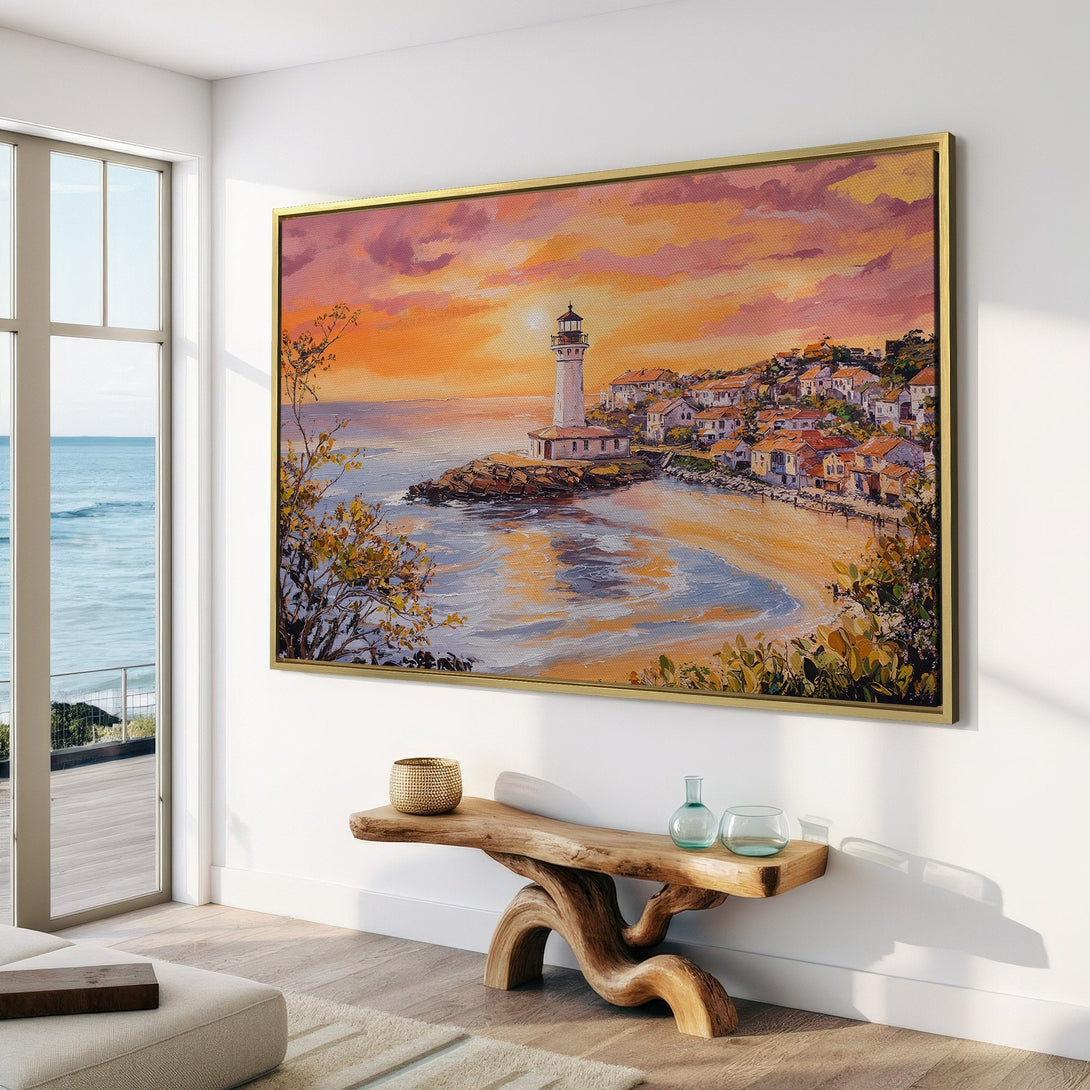 Canvas Print of a coastal lighthouse painting in warm sunset hues. Adds a touch of serenity and style to any room.