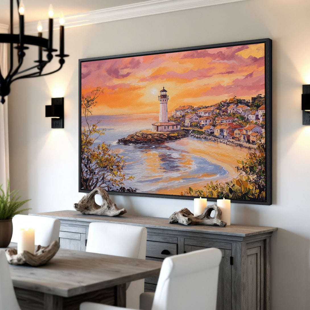 Framed Wall Art: Coastal lighthouse painting in warm sunset hues. Adds a touch of serenity and style to any space. Perfect for living rooms and dining areas.