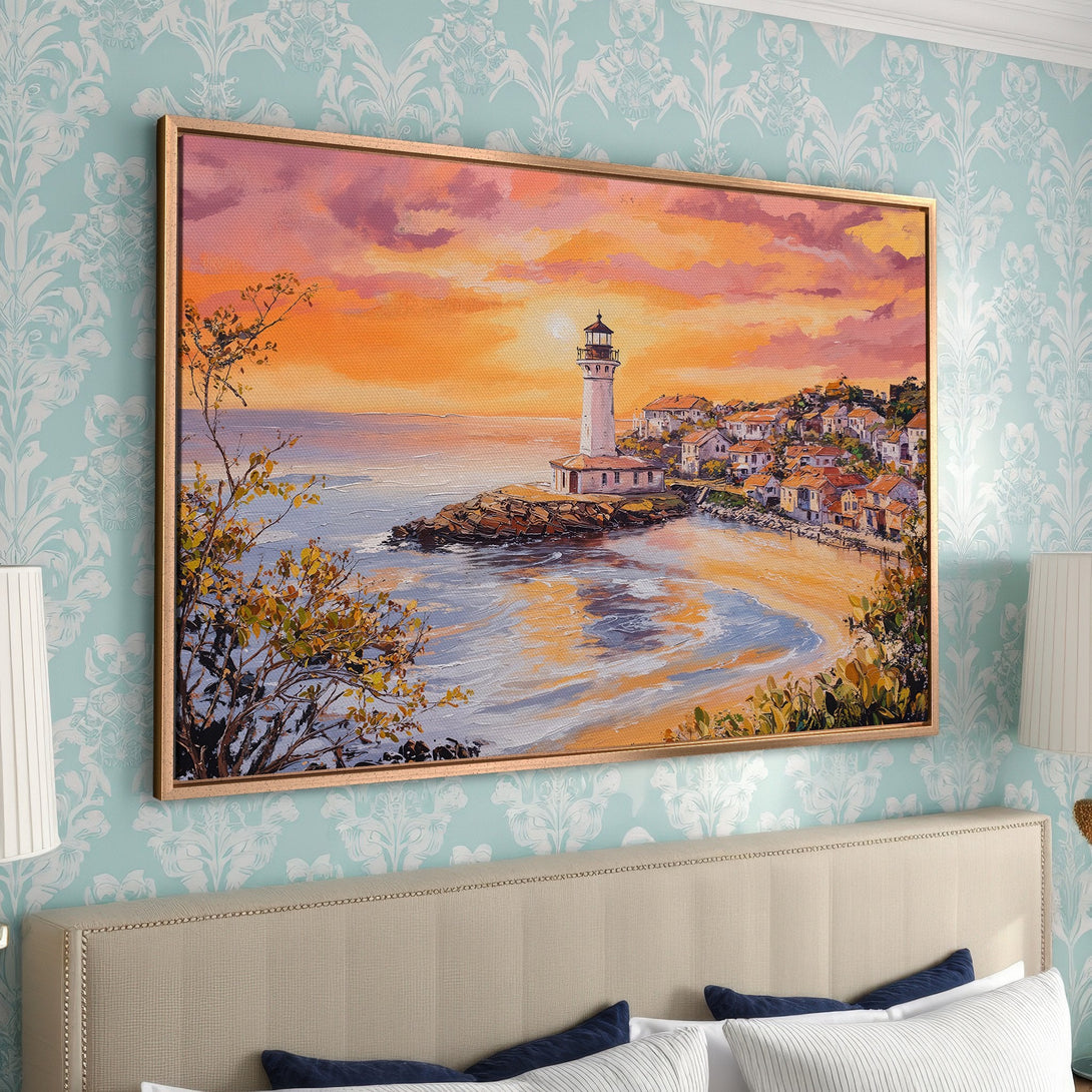 Framed Wall Art: Coastal lighthouse painting with warm sunset hues. Perfect for adding a touch of serenity & style to your home decor.