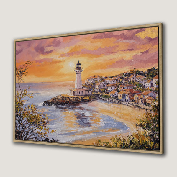 Framed Wall Art: Coastal lighthouse painting in warm sunset hues. Perfect for adding a touch of serenity and style to your home decor.