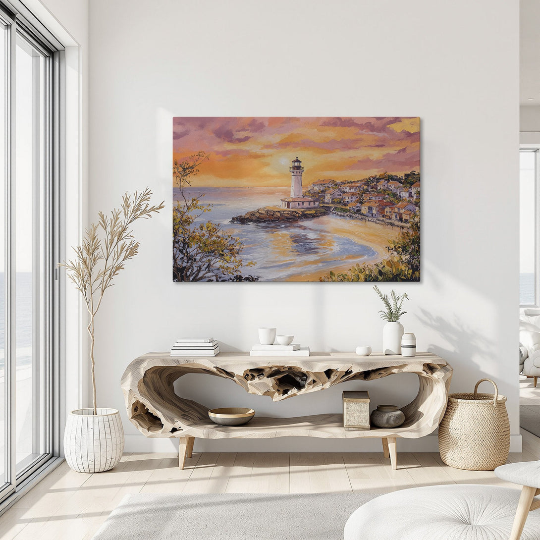 Framed Wall Art: Coastal lighthouse painting with warm sunset hues. Impressionistic style Canvas Print adds a touch of serenity and art to any space.