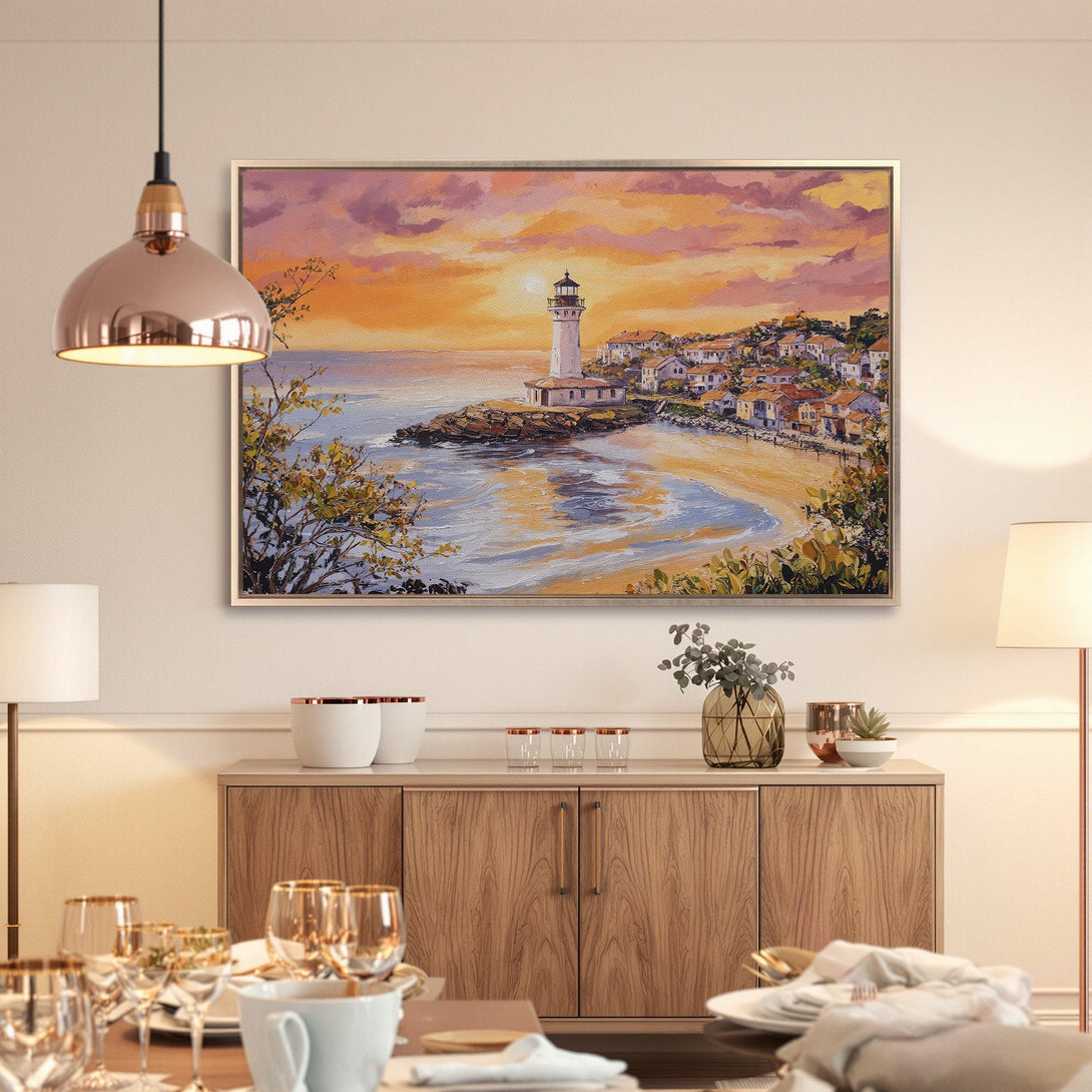 Framed Wall Art: Coastal lighthouse painting with warm sunset colors. Perfect for adding a touch of serenity to your home decor.