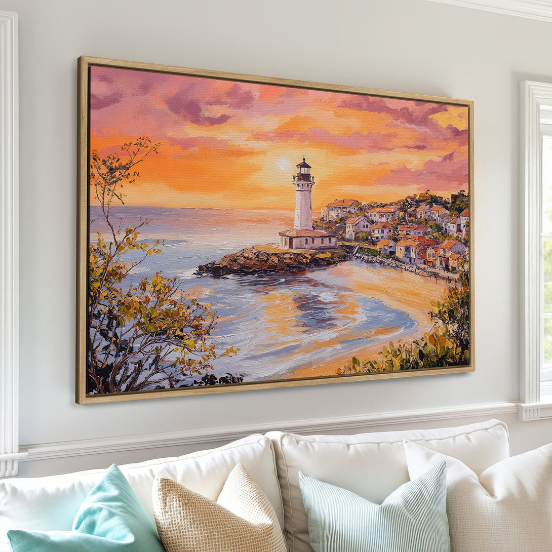 Framed Wall Art: Lighthouse landscape Canvas Print with warm sunset colors. Coastal art in orange, pink, and blue tones. Perfect for living room decor.