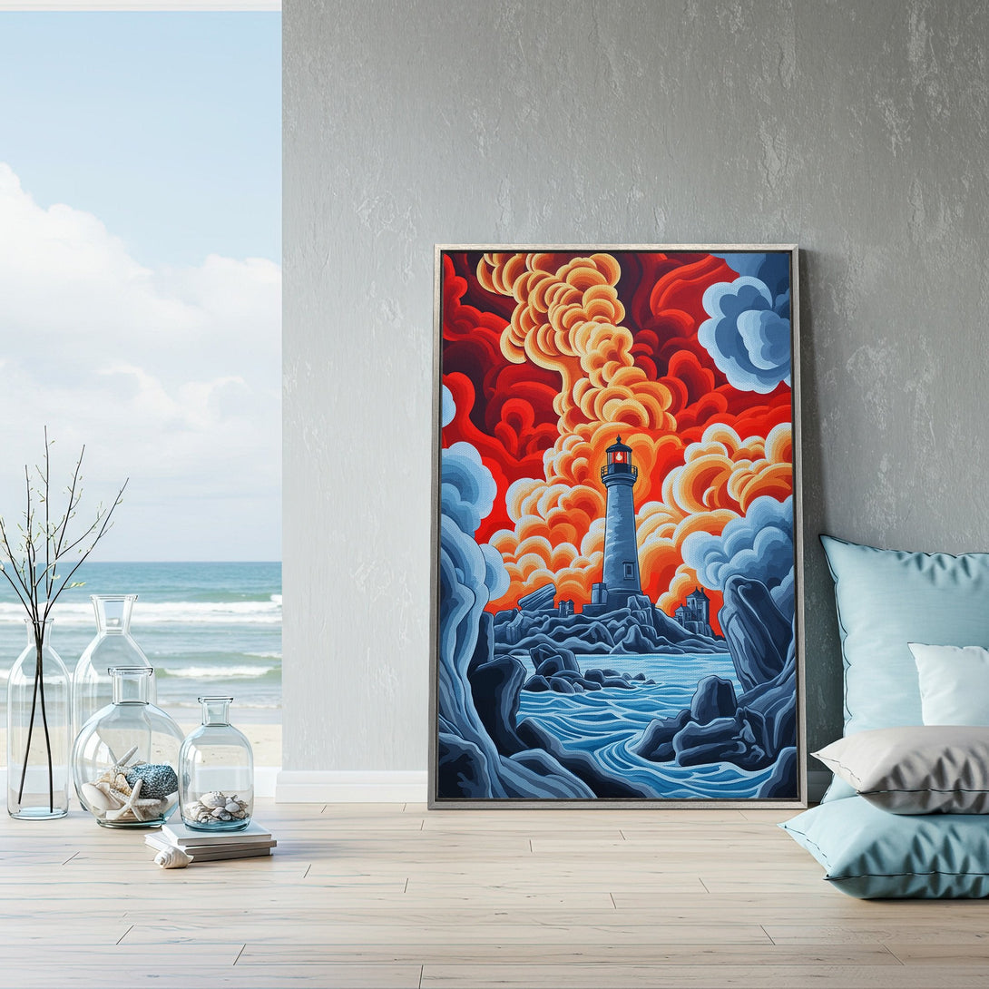 Framed Wall Art: Lighthouse painting in bold colors. Modern coastal decor with red, orange, and blue hues. Perfect for adding a pop of art to any space.