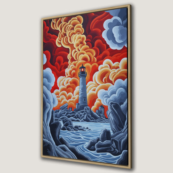 Framed Wall Art: Lighthouse art print with bold red, orange, and blue color palette. Modern coastal style Canvas Print for home decor.