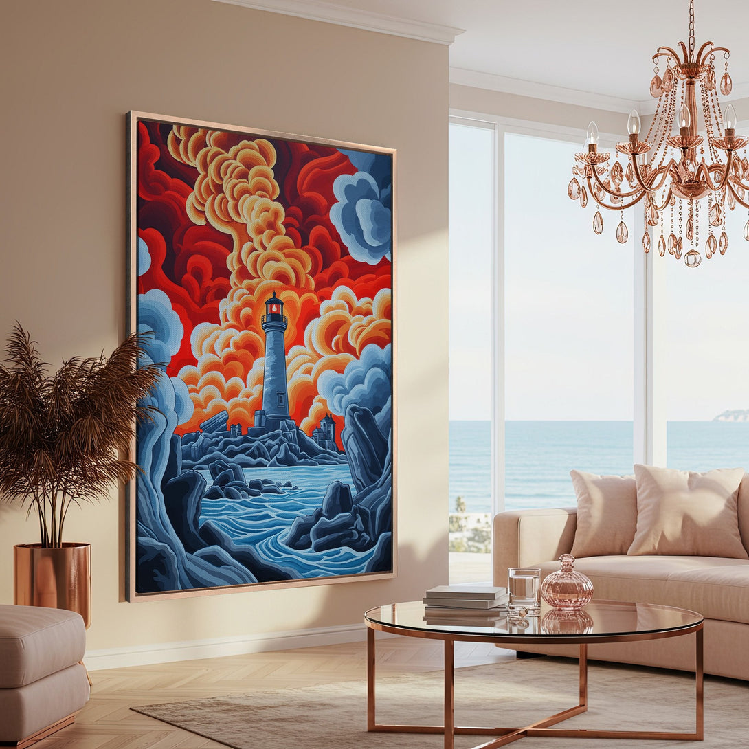 Framed Wall Art: Lighthouse painting in vibrant red, orange, and blue hues. Modern art style, perfect for coastal decor. Add a pop of color to your space!