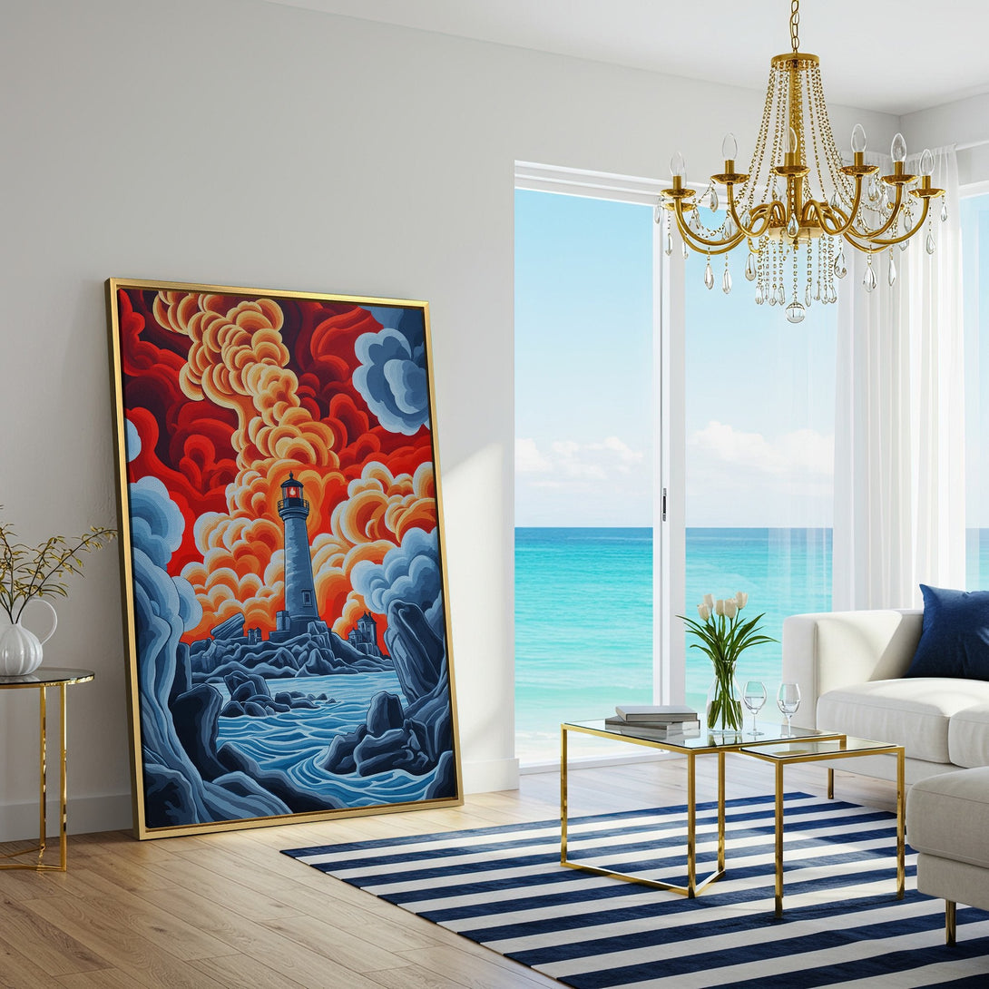 Canvas Print of a lighthouse scene in vibrant red, orange, and blue hues. Bold, stylized artwork adds a pop of color to any interior.