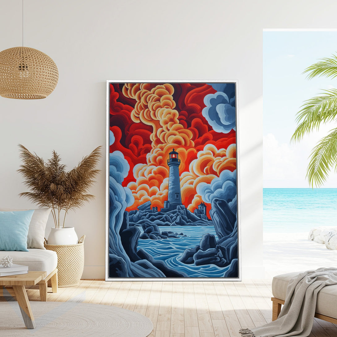 Framed Wall Art Canvas Print featuring a lighthouse illustration with vibrant red, orange, and blue hues. Coastal art perfect for any space.