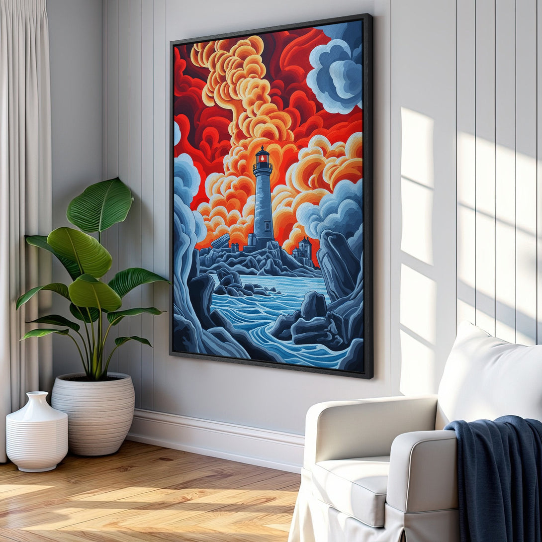 Framed Wall Art featuring a lighthouse scene in vibrant red, orange, and blue hues. Modern art style, perfect for coastal decor and adding a pop of color to your space.