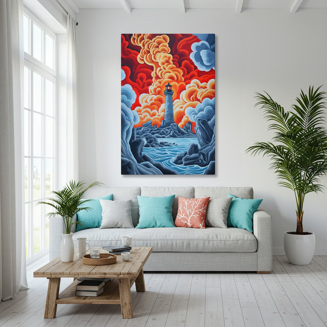 Framed Wall Art: Lighthouse art print with vibrant red, orange, and blue hues. Coastal style canvas print adds a pop of color to any living room.