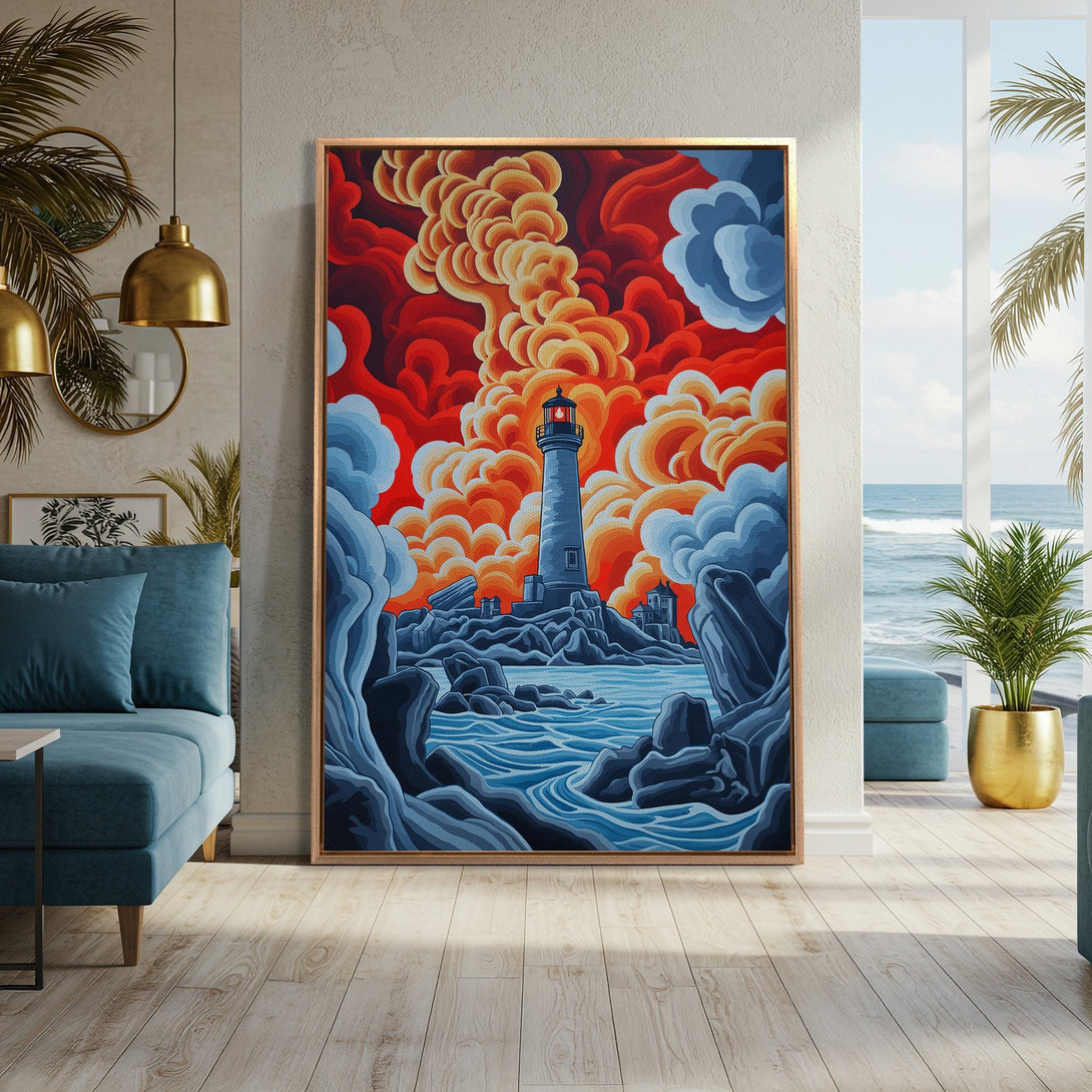 Framed Wall Art: Lighthouse canvas print with vibrant red, orange, and blue hues. Coastal artwork in a modern interior. Add artistic flair to your home!