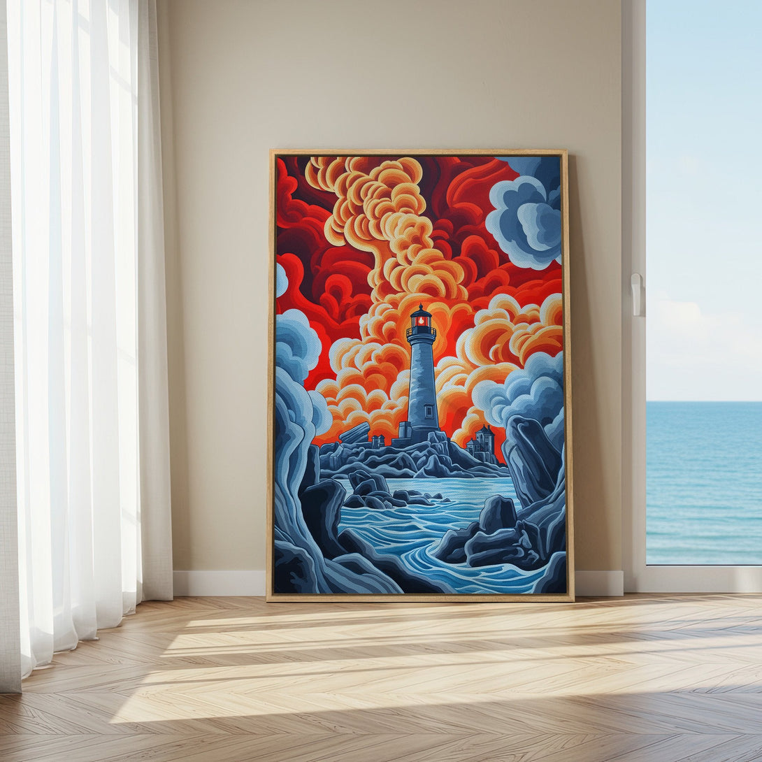 Framed Wall Art featuring a lighthouse landscape in vibrant red, orange, and blue hues. Modern art style for coastal decor; ready to hang canvas print.