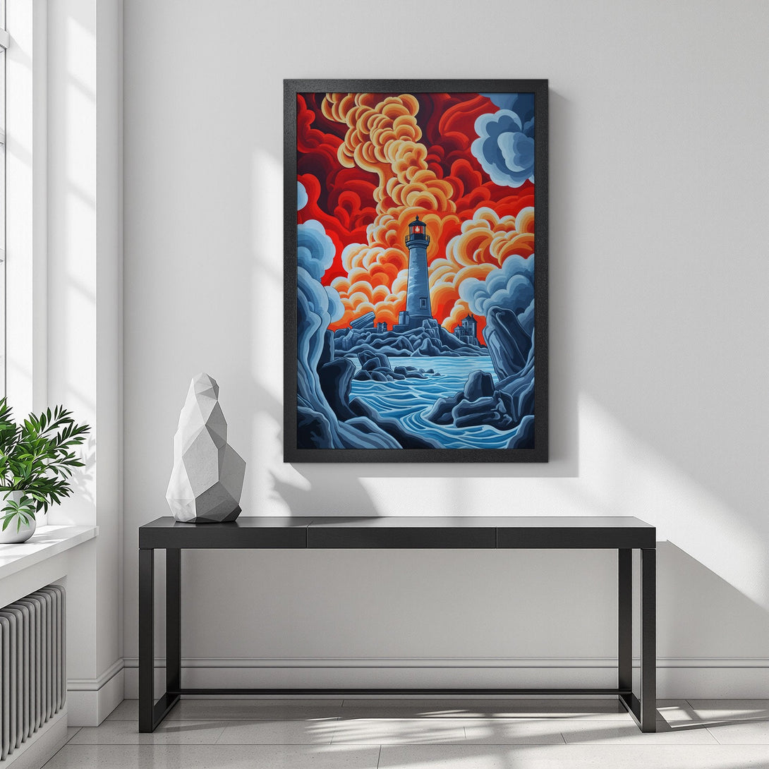 Framed Poster featuring a lighthouse scene in a vibrant, stylized art style with a red, orange, and blue color palette.