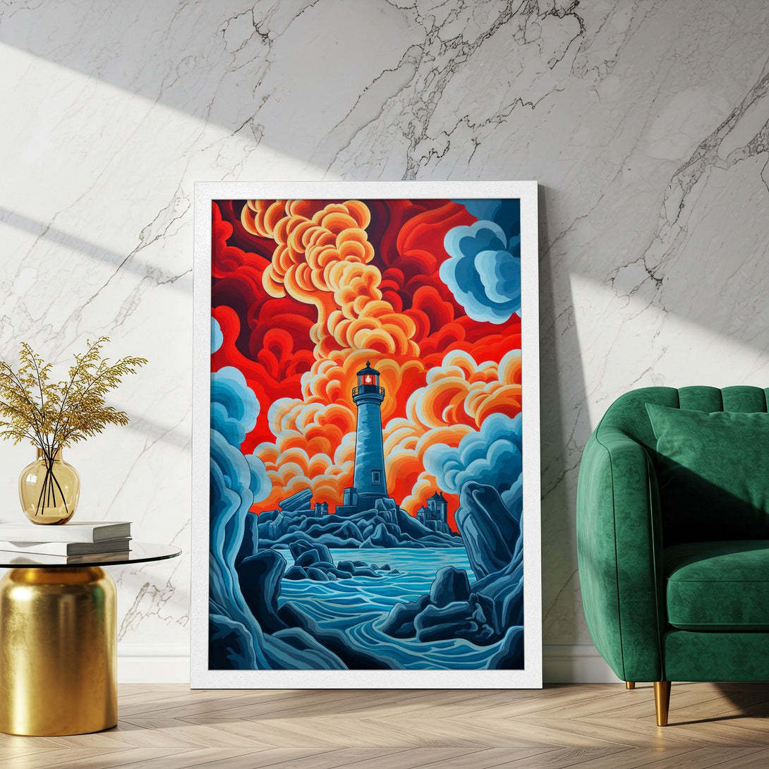Framed Poster featuring a lighthouse in a vibrant, stylized painting with a red, orange, and blue color palette. Perfect wall art!