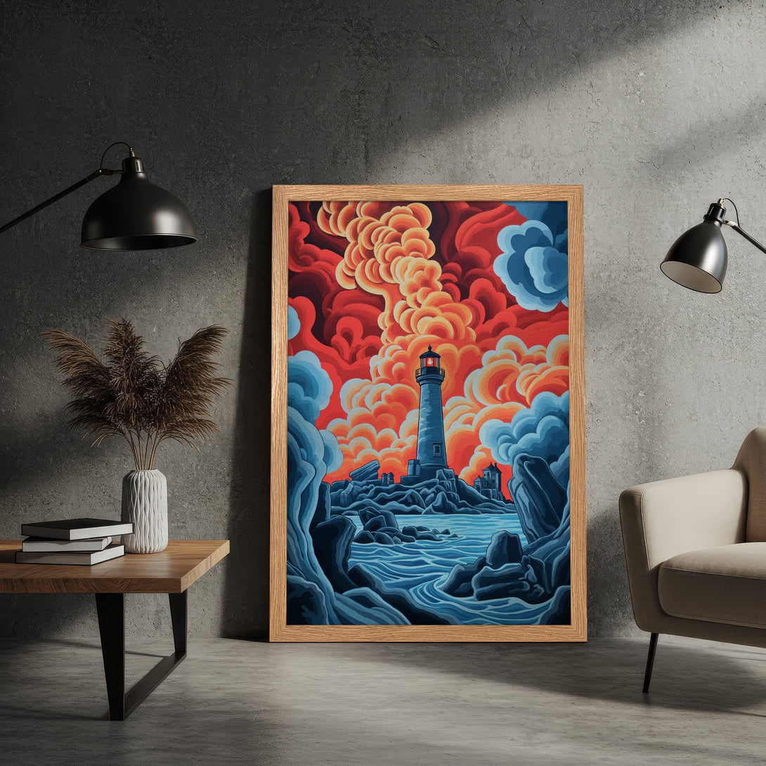 Framed Poster featuring a lighthouse scene in a vibrant, stylized art style with a red, blue, and orange color palette. Perfect wall art!