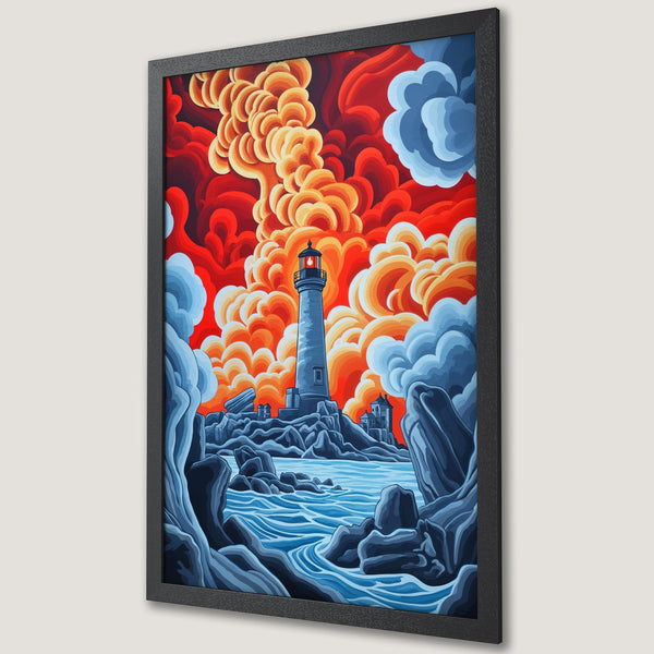 Framed Poster featuring a lighthouse on a rocky coast. Bold, stylized art with a vibrant red, orange, and blue color palette. Perfect wall decor!