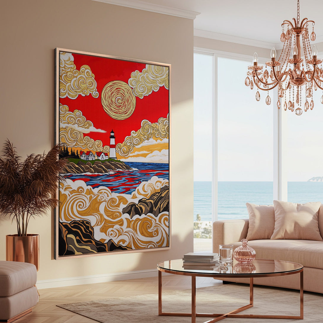 Framed Wall Art: Lighthouse canvas print with a vibrant red, gold, and blue color palette, displayed in a modern living room. Coastal art for your home!