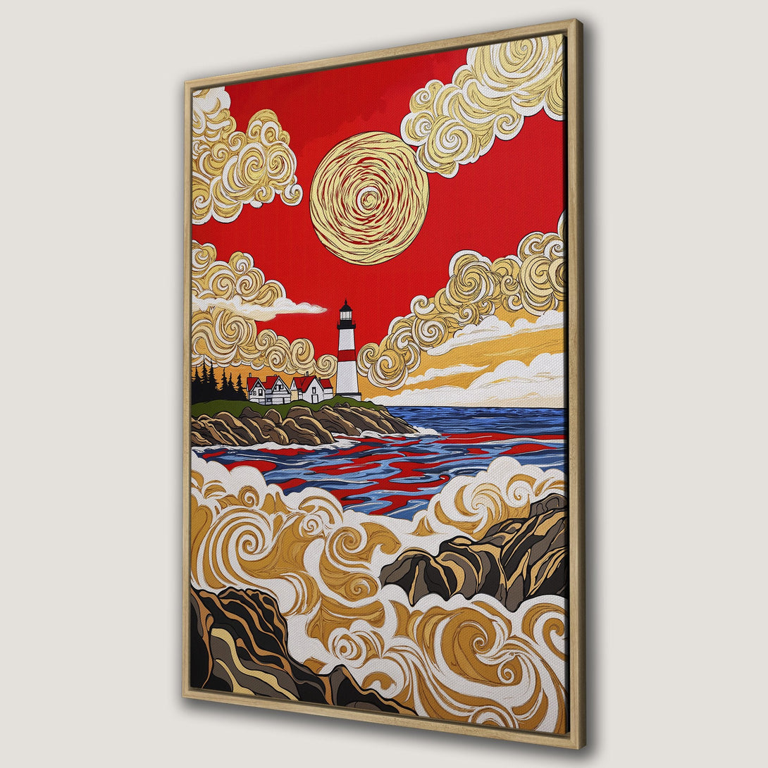 Framed Wall Art featuring a vibrant lighthouse landscape painting in a bold, illustrative style with red, gold, and blue color palette. Perfect coastal decor!