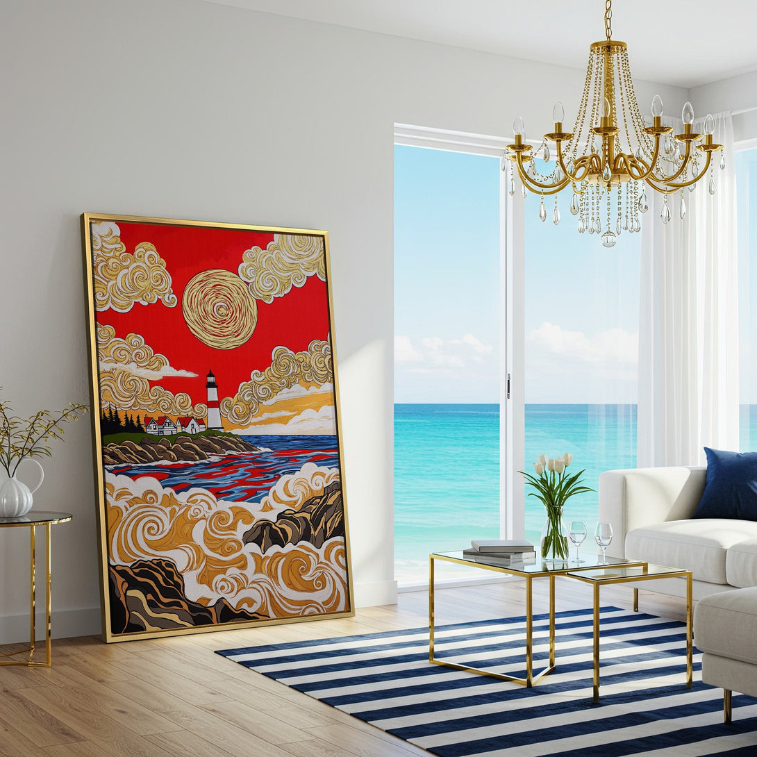 Canvas Print of a lighthouse scene in a bold, graphic style with a red, gold, and blue color palette. Perfect wall art for your home!