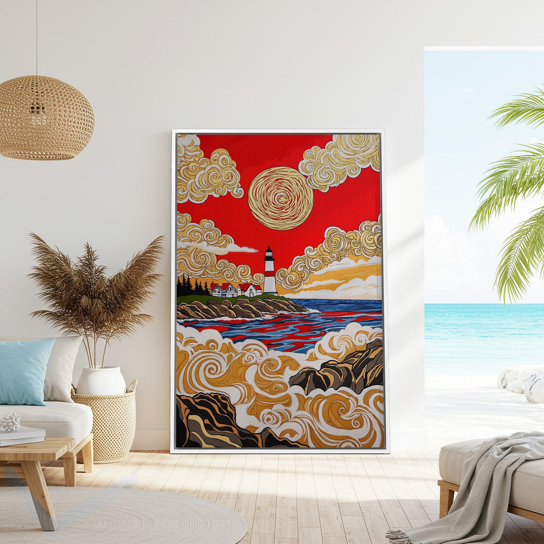 Framed Wall Art featuring a lighthouse scene in a vibrant red, gold, and blue color palette. Coastal art perfect for adding a pop of color to your home decor.