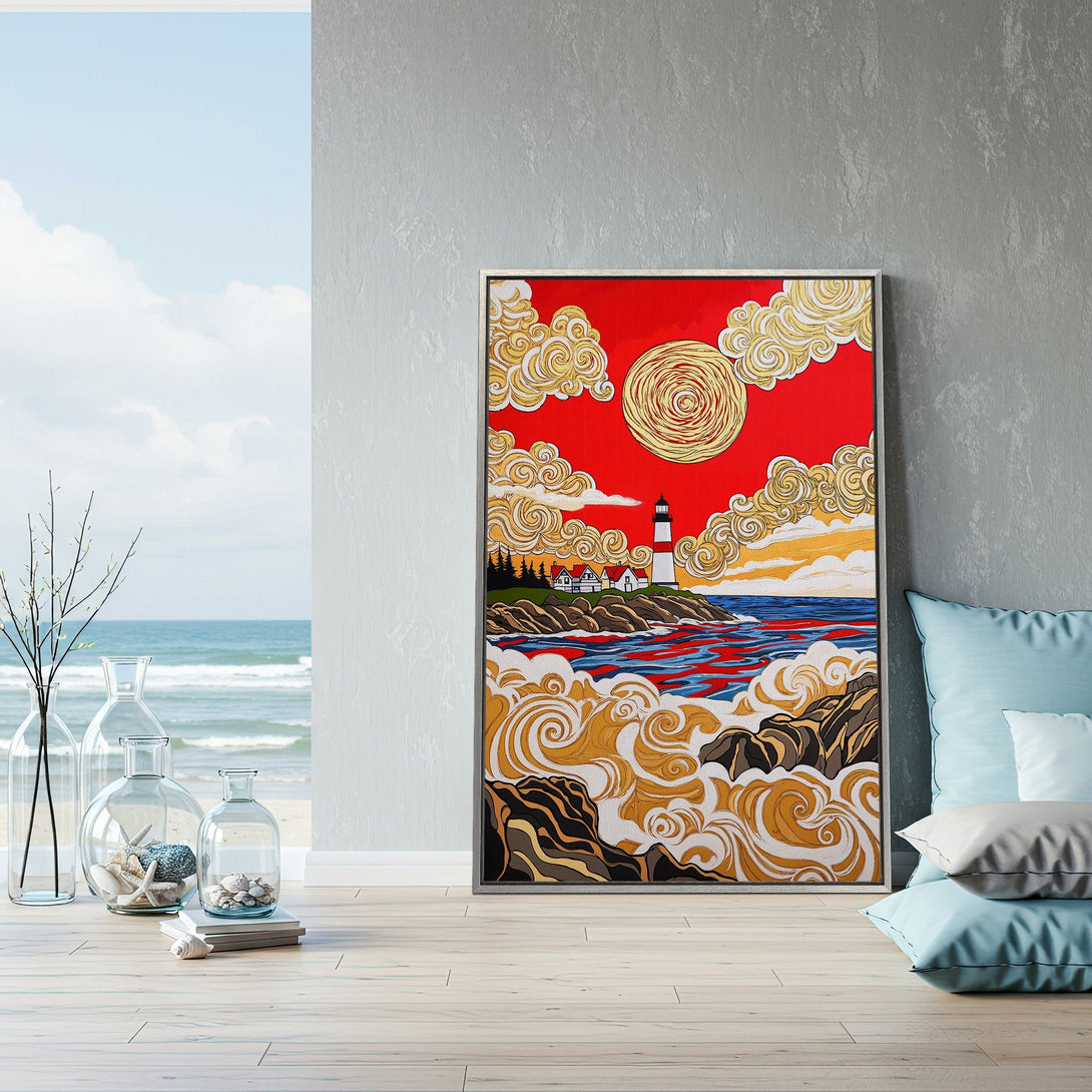 Framed Wall Art: Lighthouse painting with a bold red, gold, and blue color palette. Coastal art in a modern interior setting.
