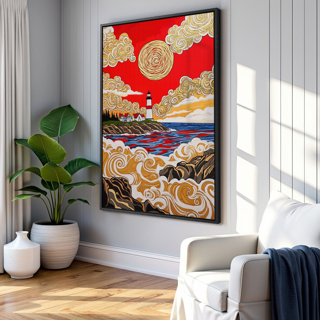 Framed Wall Art featuring a lighthouse landscape in a vibrant red, gold, and blue color palette. Modern art style perfect for coastal decor.