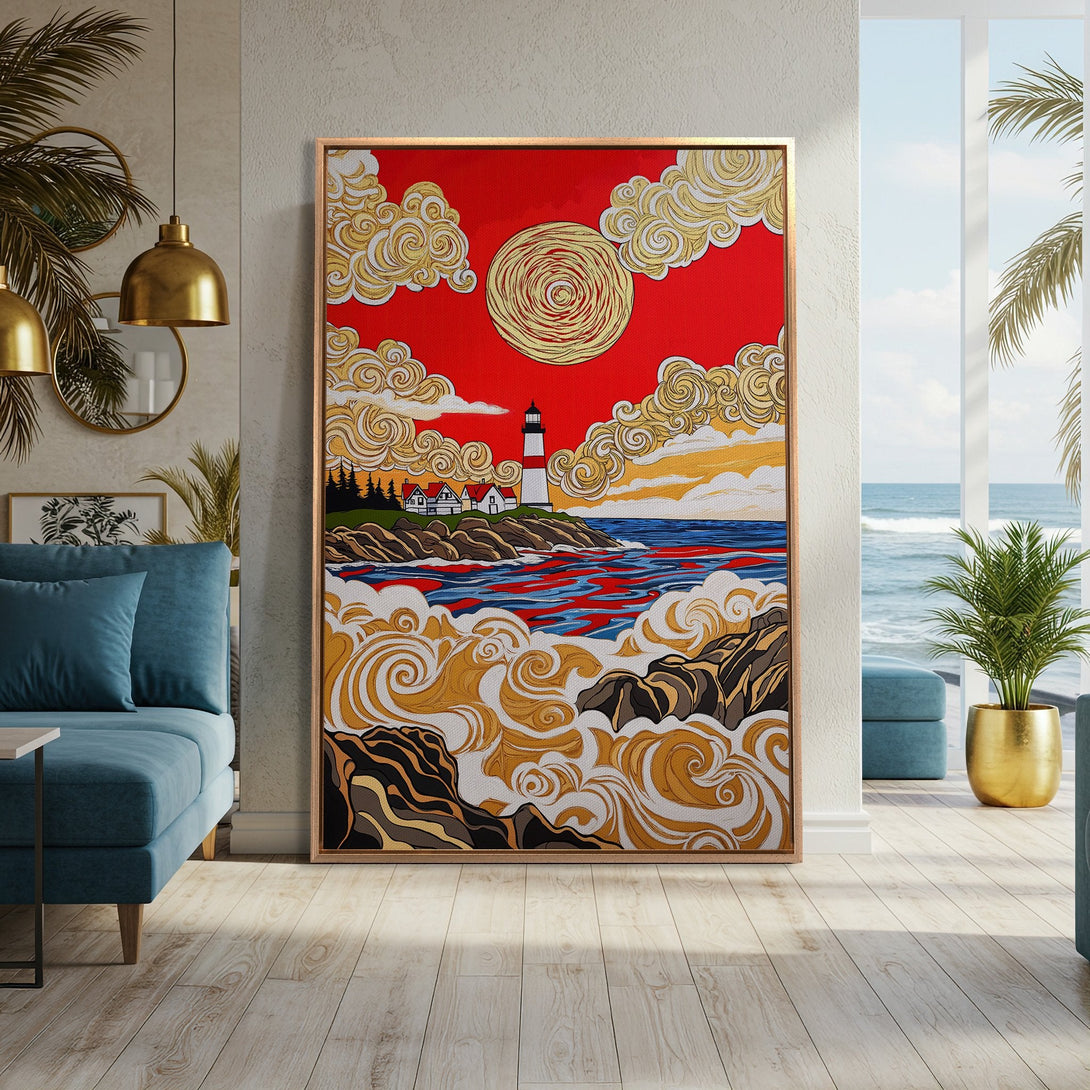 Framed Wall Art featuring a lighthouse landscape in a vibrant, stylized design. Bold red, gold, and blue color palette adds a pop of color to any space.