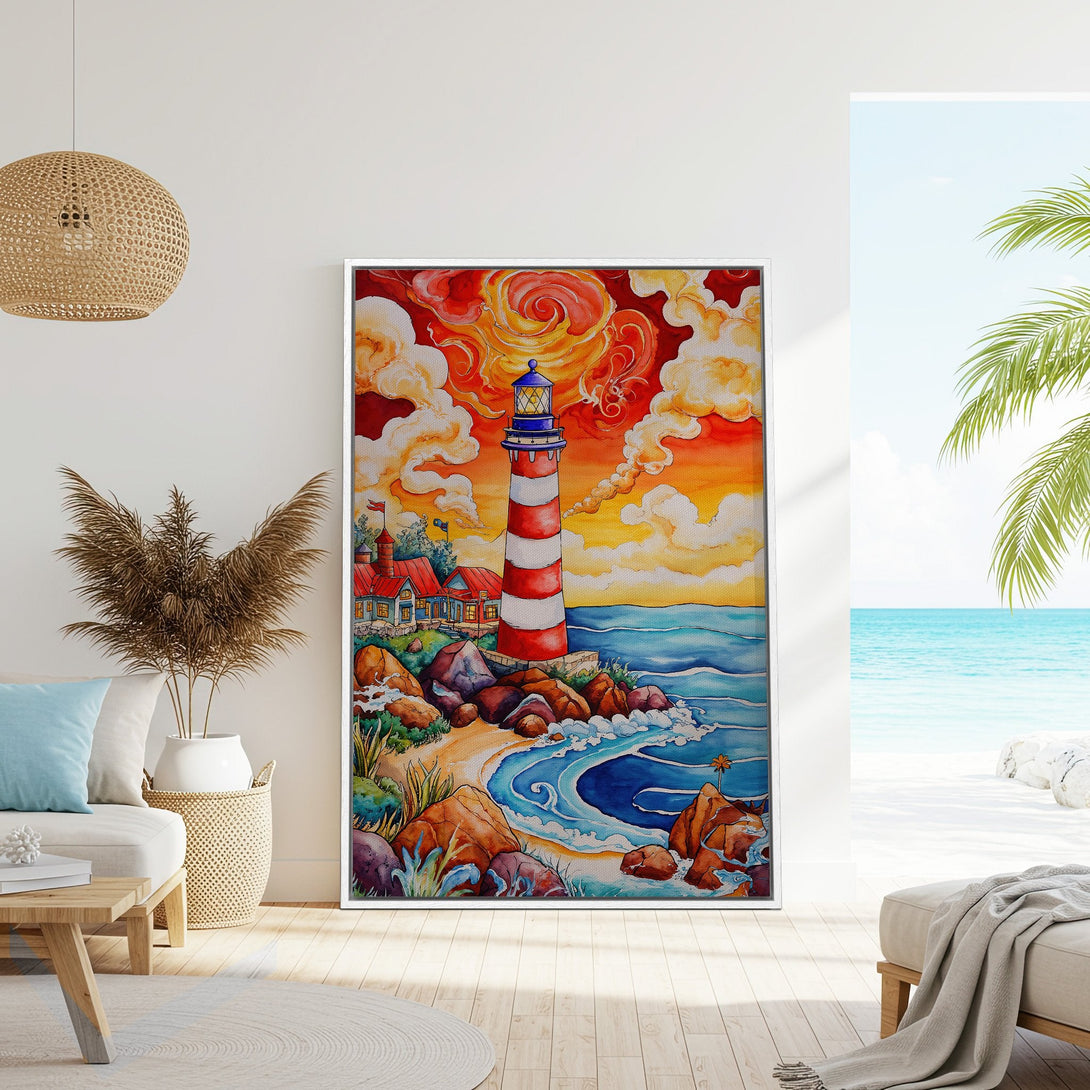 Framed Wall Art: Watercolor lighthouse painting with red, orange, and blue hues. Coastal art for a beachy vibe. Perfect for living room decor.
