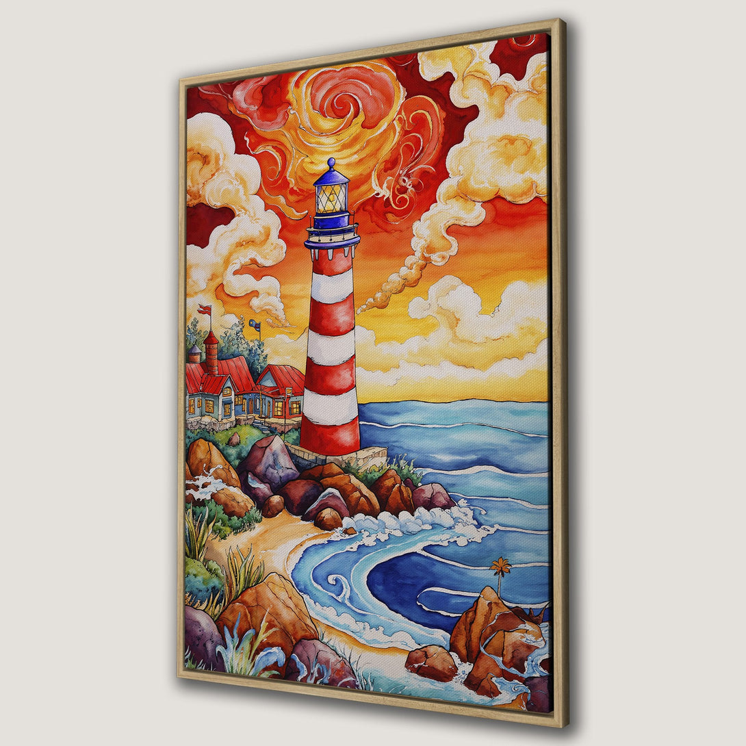 Framed Wall Art of a vibrant lighthouse scene with red, orange, and blue watercolor style. Coastal Canvas Print perfect for beach house decor.