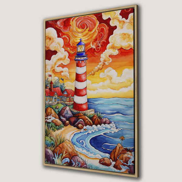 Framed Wall Art of a vibrant lighthouse scene with red, orange, and blue watercolor style. Coastal Canvas Print perfect for beach house decor.